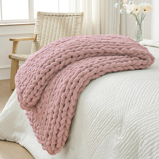 Bigacogo Chunky Knit Throw Blanket for Couch, 40x60 inches, 100% Hand Knitted with Thick Jumbo Chenille Yarn, Cozy Soft Large Rope Knot Cable Crochet Blankets for Sofa Bed Living Room, Dusty Pink