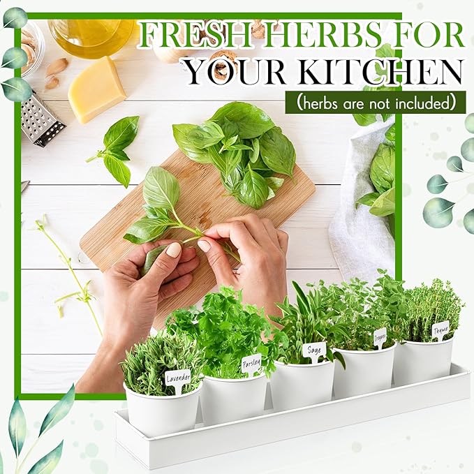 2 Sets Herb Garden Planter Indoor Kit with Trey 10 Pcs Metal Windowsill Plant Pots with Drainage Holes Indoor Herb Planter with Marker and Labels for Home Outdoor Plants(White)