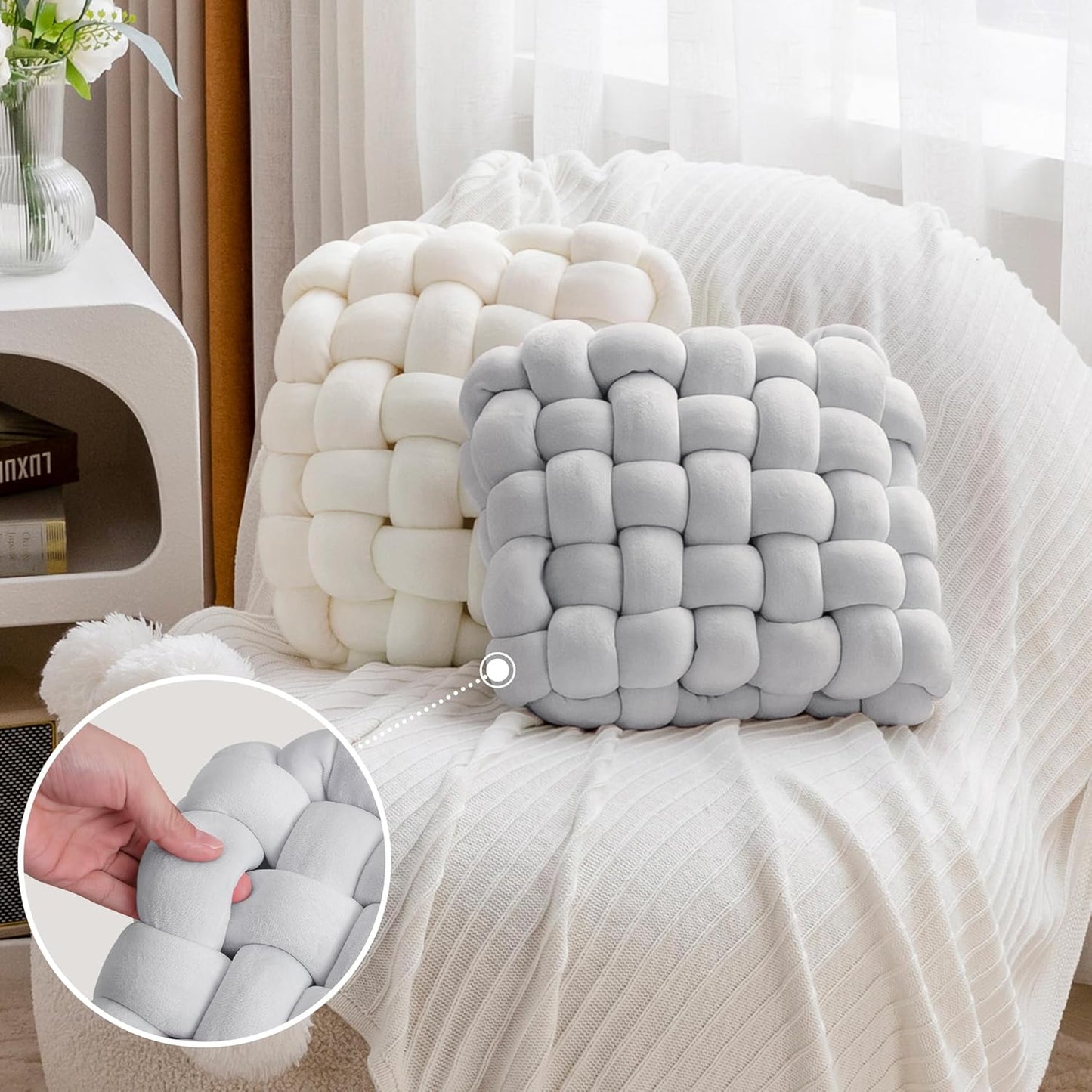 JELLYMONI Grey Square Knot Throw Pillow, Large Size Home Decorative Pillows, Decorative Ins Throw Pillows, Soft Velvet Knotted Decor for Bedroom, Living Room and Couch (L- 15"×15"×4", Grey)