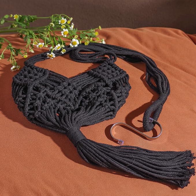 Hanging Planter with Patterns,2Packs Macrame Plant Hangers Indoor Macrame for up to 8 inch Pot Crochet Boho Plant Hanger Holder for Indoor Outdoor with 2S Shaped Stainless Steel Hooks (Black)