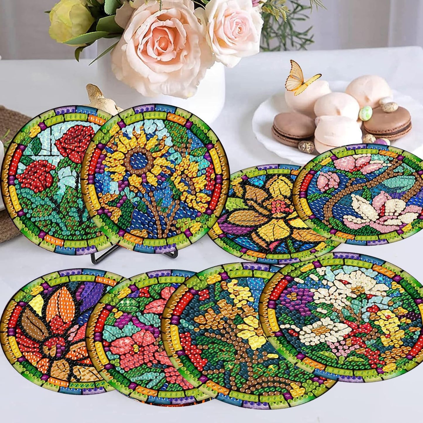 Meothan 8 Pcs Diamond Art Coasters Kits for Adults with Holder Cork Pads, Stained Glass Flowers Diamond Dots Art Painting Coasters Crafts Kit for Home Office Decor (4x4in)