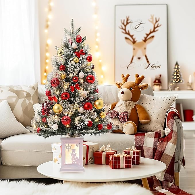 3 Ft Pre-Lit Christmas Tree, Artificial Christmas Trees with Lighting, Xmas Trees with 78 Led Lights, Christmas Decoration for Home, Office, Easy Assembly