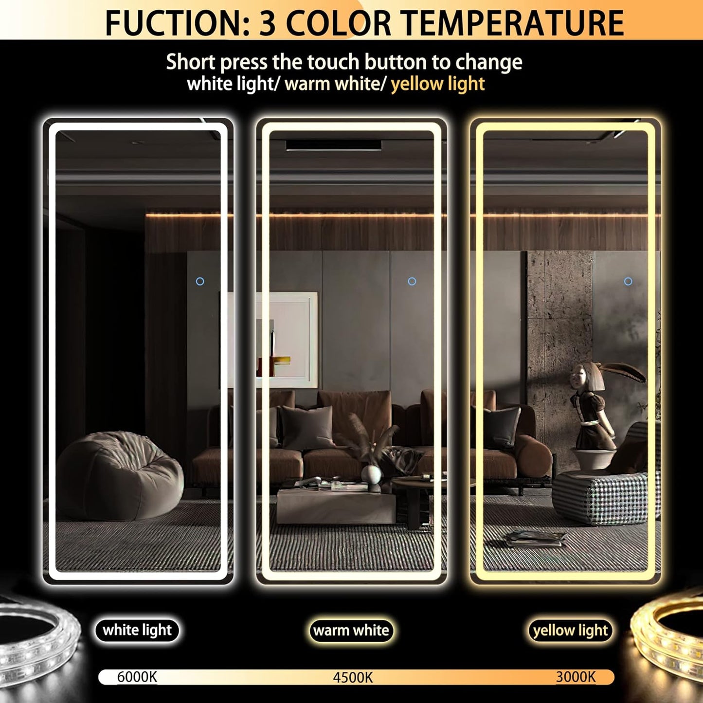 Hasipu LED Door Mirror Full Length, 44.1" x 15.8" Lighted Over The Door Hanging, Full Body Wall Mounted, Light Up Long Dressing, Round Black