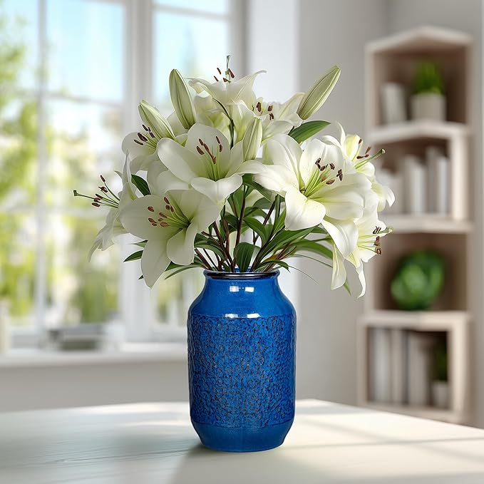 Blue Vase for Decor, 9 inch Ceramic Flower Vase, Modern Decorative Vases Home Decor, Bathroom Bedroom Office Living Room Shelf Decoration