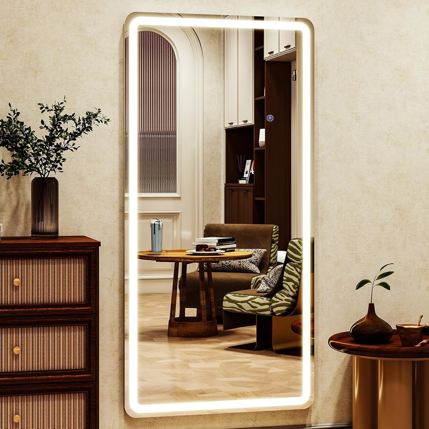 LED Rectangular Corner White Full Length Mirror - 30“ x 71” Brightness Adjustable, Touch Screen Control, Wall Mounted or Freestanding, for Bedroom Living Room Cloakroom Dressing Mirror