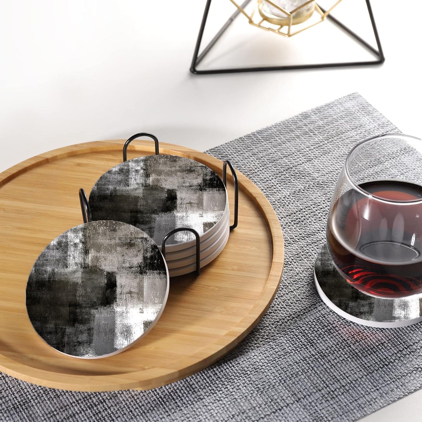 LOKMU Coasters for Drinks,Round Absorbent Ceramic Stone Coaster Sets of 6 with Metal Holder Stand,Black and Grey Abstract Art Coasters with Cork Base for Coffee Wooden Table,Housewarming Gifts