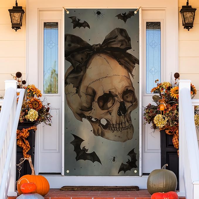 Vintage Halloween Skull Door Cover, Coquette Bow Skeleton Bats Decoration Doorway Door Curtains Banners Backdrop Background Decor for Halloween Party, Indoor Outdoor Decorations, 35 * 79 Inch