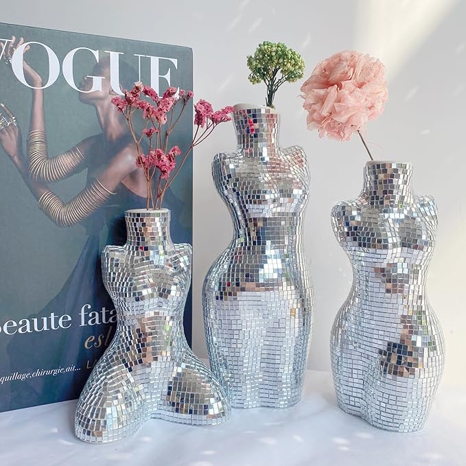 Modern Chic Vase Form, Centerpieces 7 inch Silver Handmade Ceramic Disco Shaped Vase, Creative Disco Floral Vases for Flowers Plant Boho Home Art Decor, 3x2.4x7inches