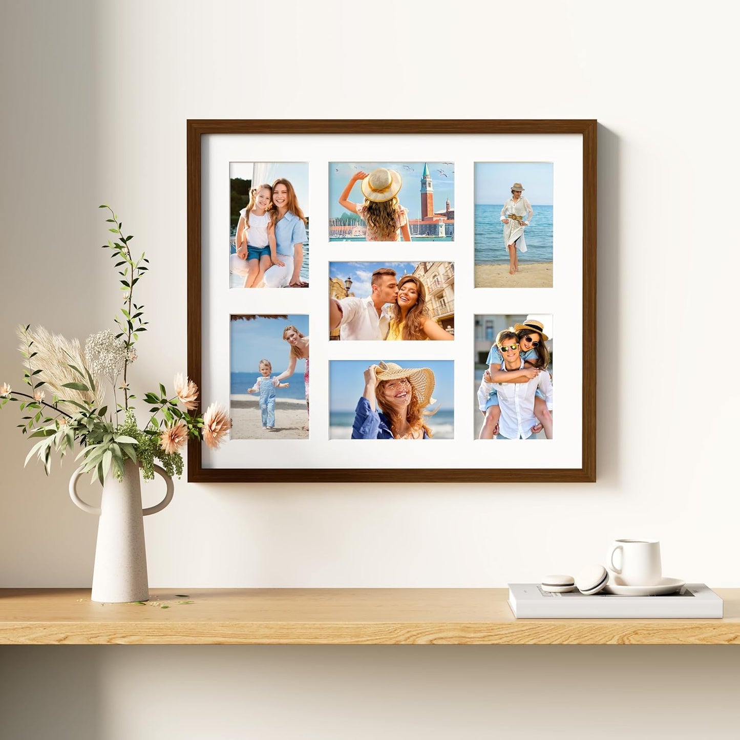 decorUhome 15x17 Picture Frames Collage Wall Decor, Display 7Pcs 4x6 Photos with Mat or 1Pcs 15x17 Unmatted, 7 4x6 Collage Picture Frames for Wall Mounting, Brown