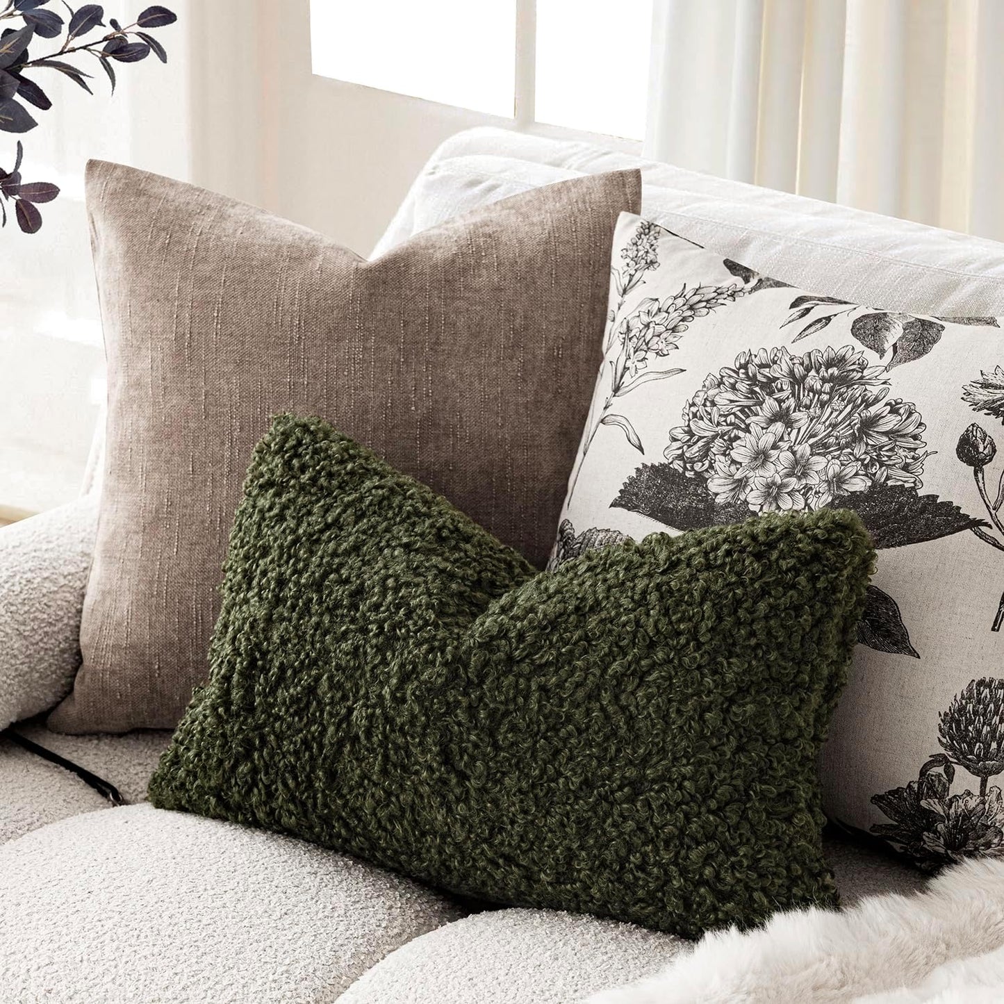 Foindtower Set of 2 Curly Teddy Wool Pillow Covers Decorative Boucle Textured Lumbar Throw Pillow Faux Fur Sherpa Pillowcases Sheepskin Fuzzy Cushion Case for Sofa Bedroom Car 12"x20" Olive Green