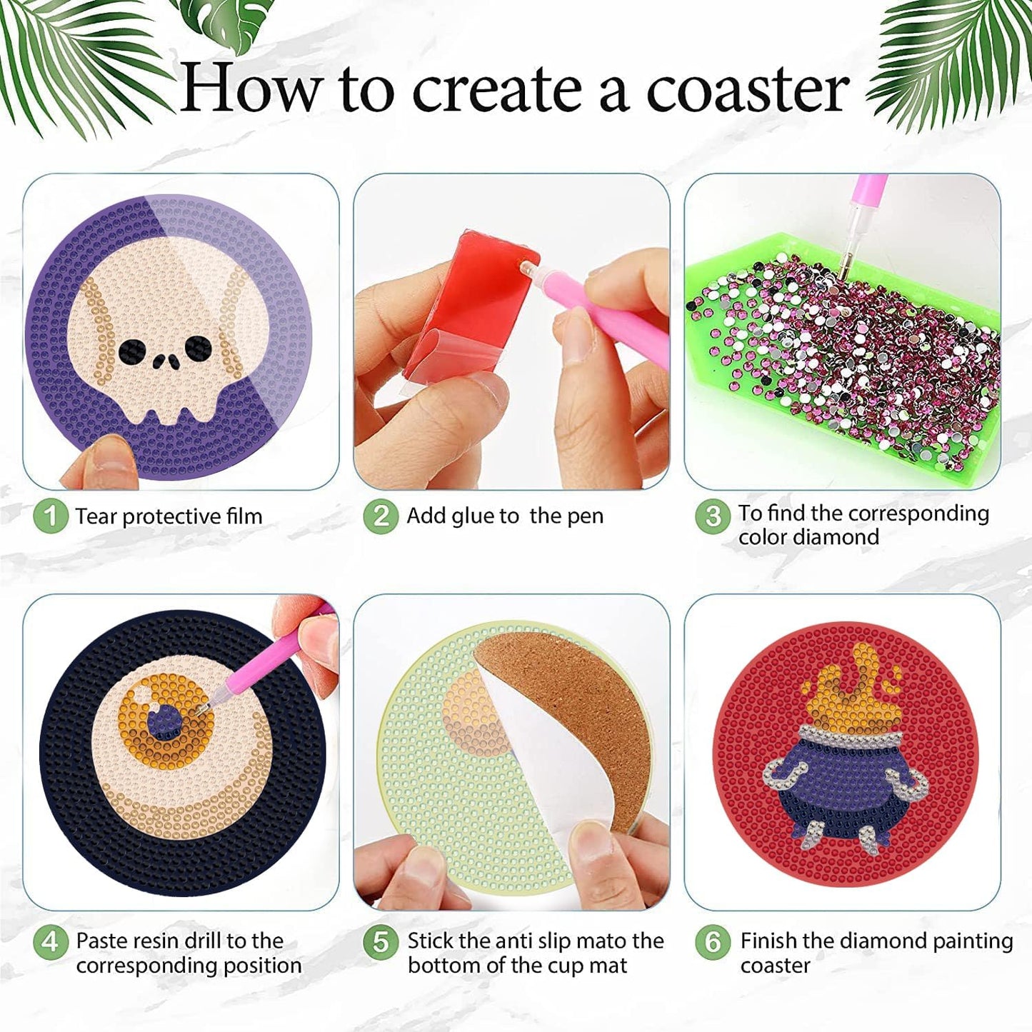 DOTSOPS 6 Pcs Halloween Diamond Art Coasters with Holder Diamond Painting Coasters Kits for Adults Beginners Diamond Craft for Christmas Halloween Birthday Gifts