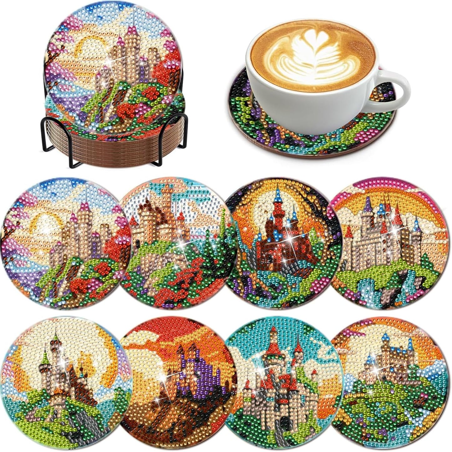 DOTSOPS 8 Pieces Castle Diamond Painting Coasters with Holder - Diamond Art Coasters with Cork Base for Beginners Adults & Craft Supplies Party Item(Castle)
