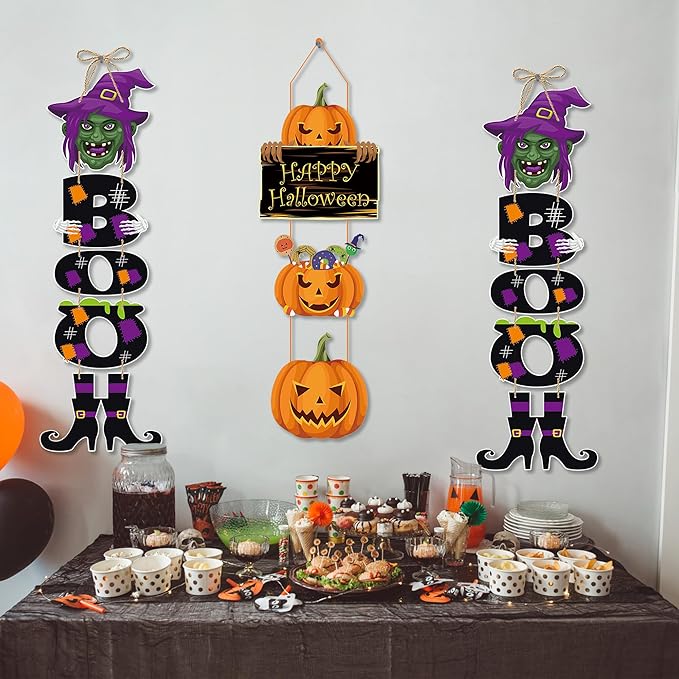 3Pcs Halloween Witch Hanging Decorations, Witch Pumpkin Door Decorations, Happy Halloween Sign Decoration Welcome Sign Hanging Ornaments for Home Wall Door Decor Party Supplies