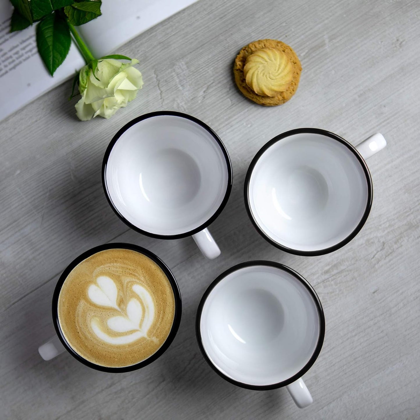 City to Cottage Handmade White And Black Polka Dot Large Ceramic 12oz/350ml Cappuccino Coffee Tea Cup and Saucer, Unique Designer Pottery Gift for Tea Lovers