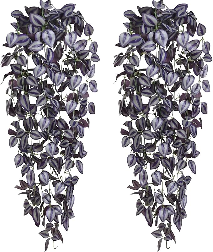 BLEUM CADE Fake Hanging Plants, 2pcs Artificial Hanging Plant, Faux Deep Purple Vines Hanging Plant for Wall Home Living Room Indoor Outdoor Halloween Decor (No Baskets)
