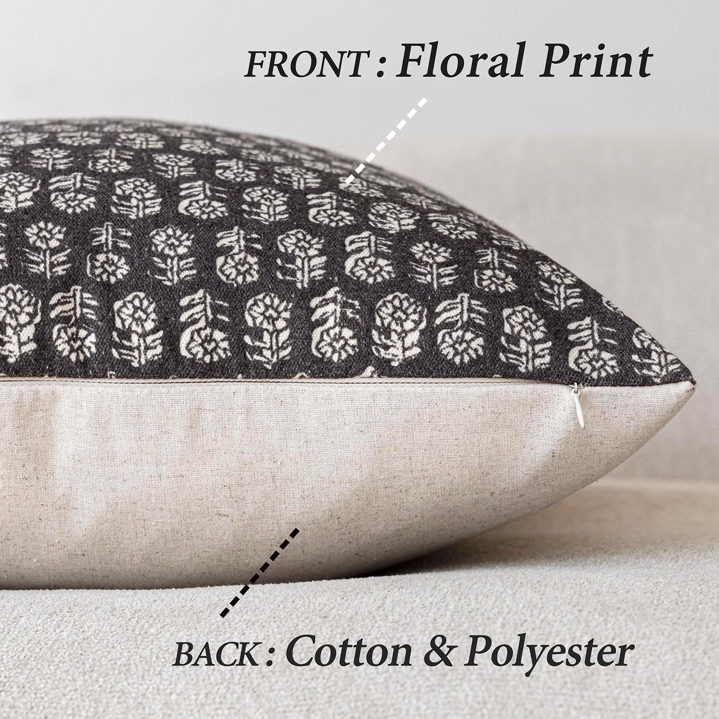 Foindtower Set of 2 Decorative Neutral Floral Print Throw Pillow Covers Vintage Accent Farmhouse Cushion Covers Boho Home Decor for Sofa Couch Chair Bedroom Living Room,18×18 Inch,Black