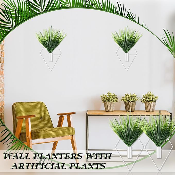 2 Pieces Wall Decor Hanging Planters with Artificial Plants Metal Hanging Vase Indoor Plants Holder Modern Boho Wall Art for Bathroom Bedroom Living Room Decor(White,Aquatic Plant)