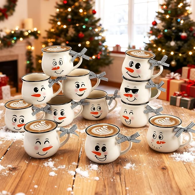 Zubebe Christmas Coffee Mugs Set of 12, 12 oz Hot Cocoa Ceramic Holiday Mugs Set for Mom, Woman, Family, Friend - Farmhouse Tiered Tray Decor, Coffee Bar Decor (White,Snow Man)