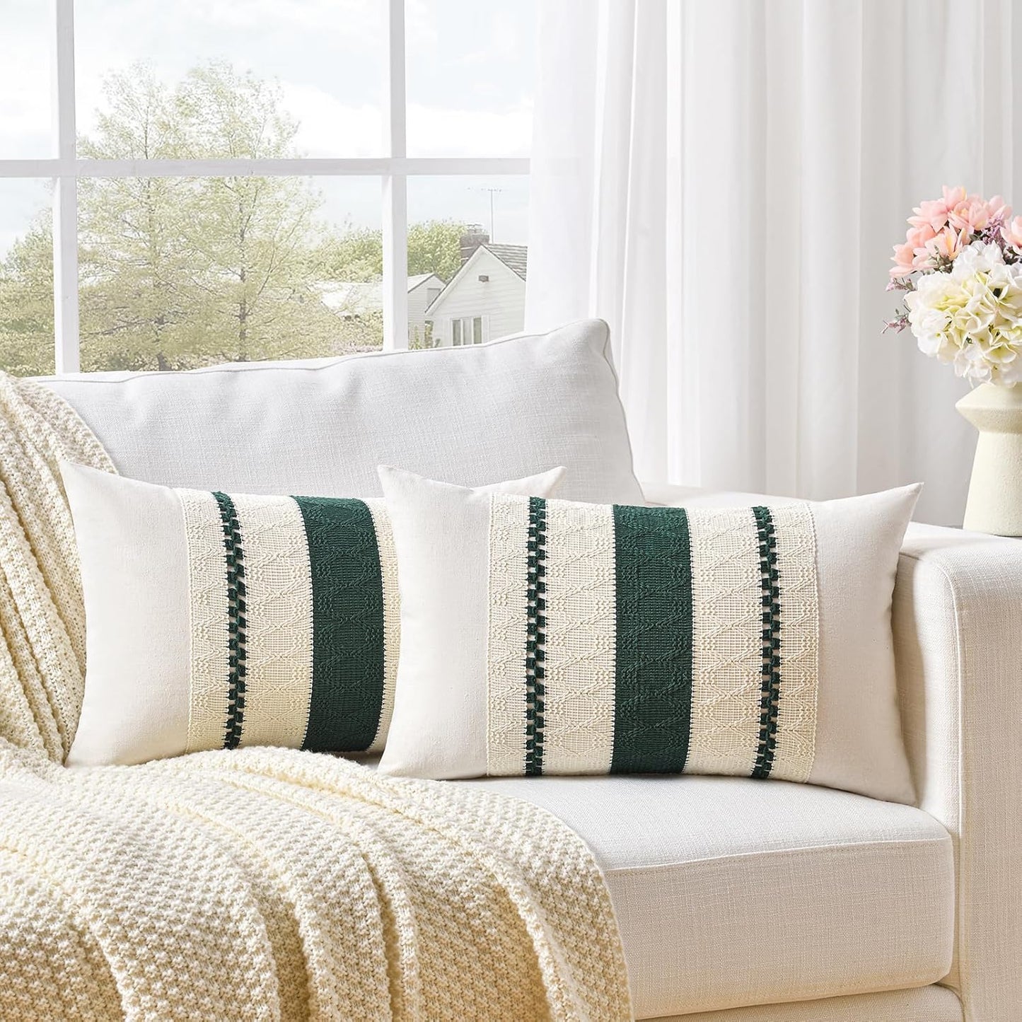 Fancy Homi Set of 1 Dark Green Boho Lumbar Decorative Throw Pillow Covers 12x20 Inch for Couch Bed Sofa Bedroom, Modern Farmhouse Vintage Forest Green Living Room Decor