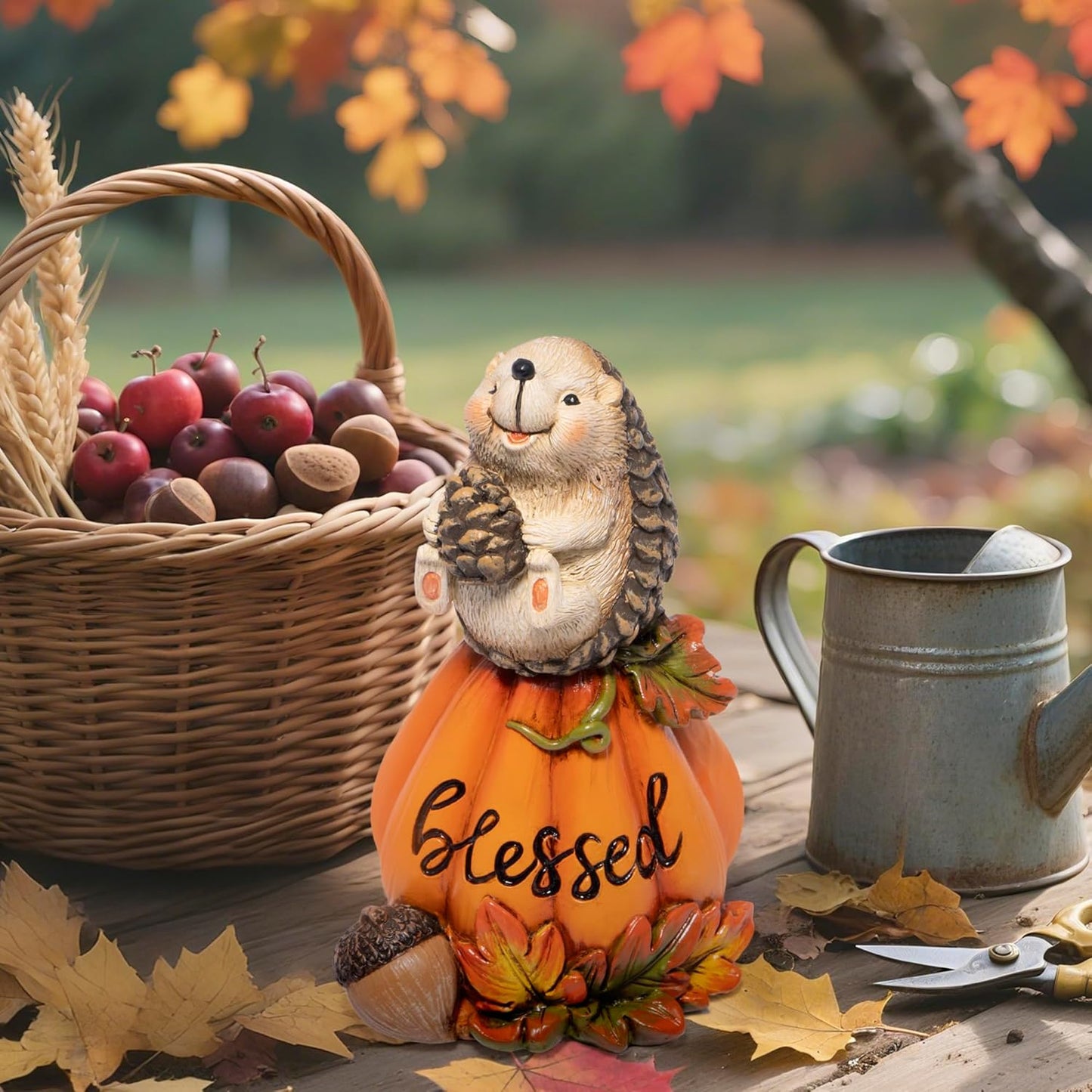 Hodao Blessed Pumpkin Hedgehog Figurine – Fall Harvest Festival Decor, Hedgehog Holding Corn – Thanksgiving Centerpiece, Autumn Home Decoration for Family Joy & Prayer (Orange-2)