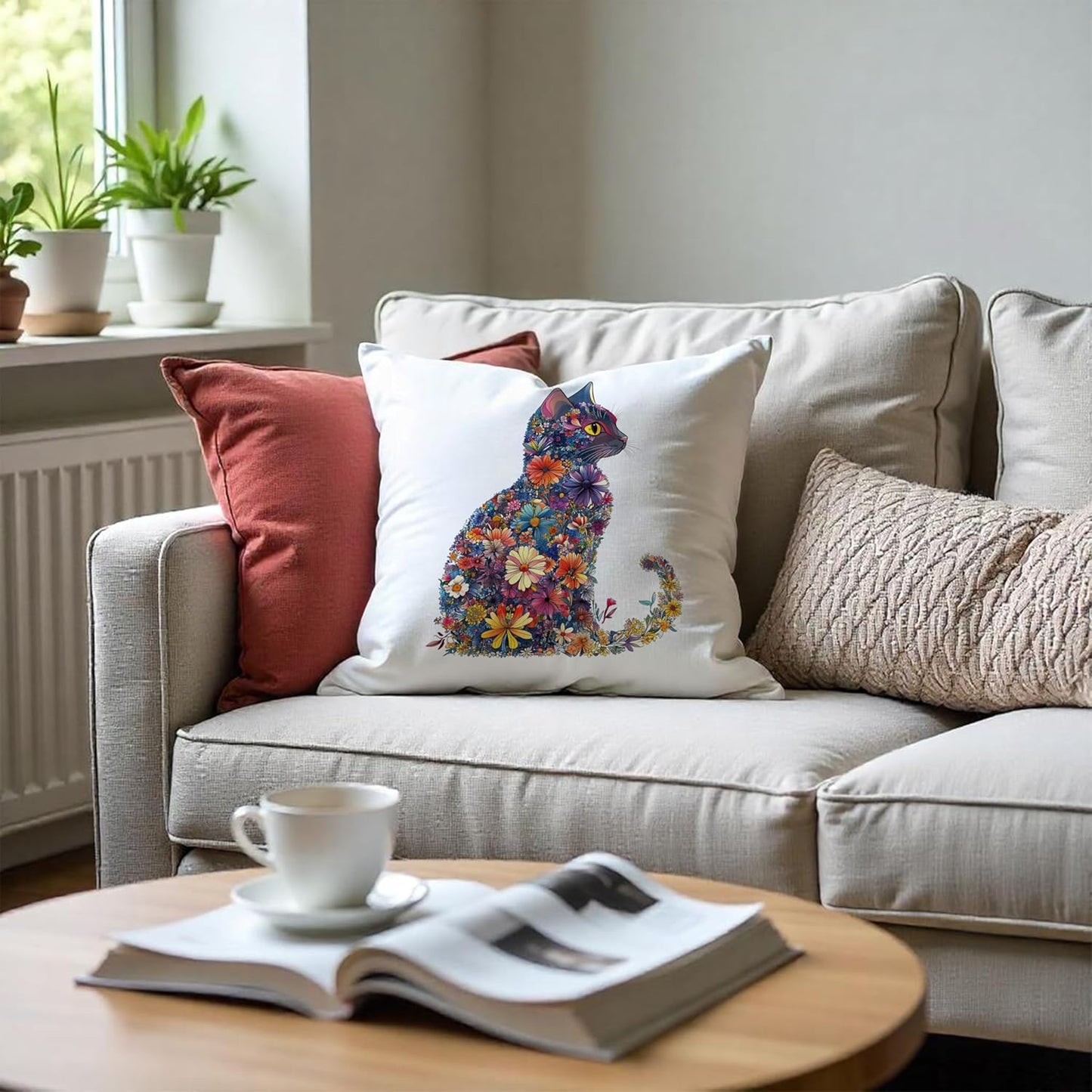 Colorful Floral Cat Pillow Covers 18x18, Gifts for Cat Lovers Mom Lady Owners, Elegant Kitten Kitty Decorative Pillow Covers for Home Bedroom Living Room Decor, Pet Lover Gifts