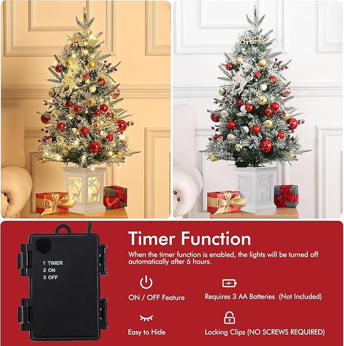 3 Ft Pre-Lit Christmas Tree, Artificial Christmas Trees with Lighting, Xmas Trees with 70 Led Lights, Christmas Decoration for Home, Office, Easy Assembly