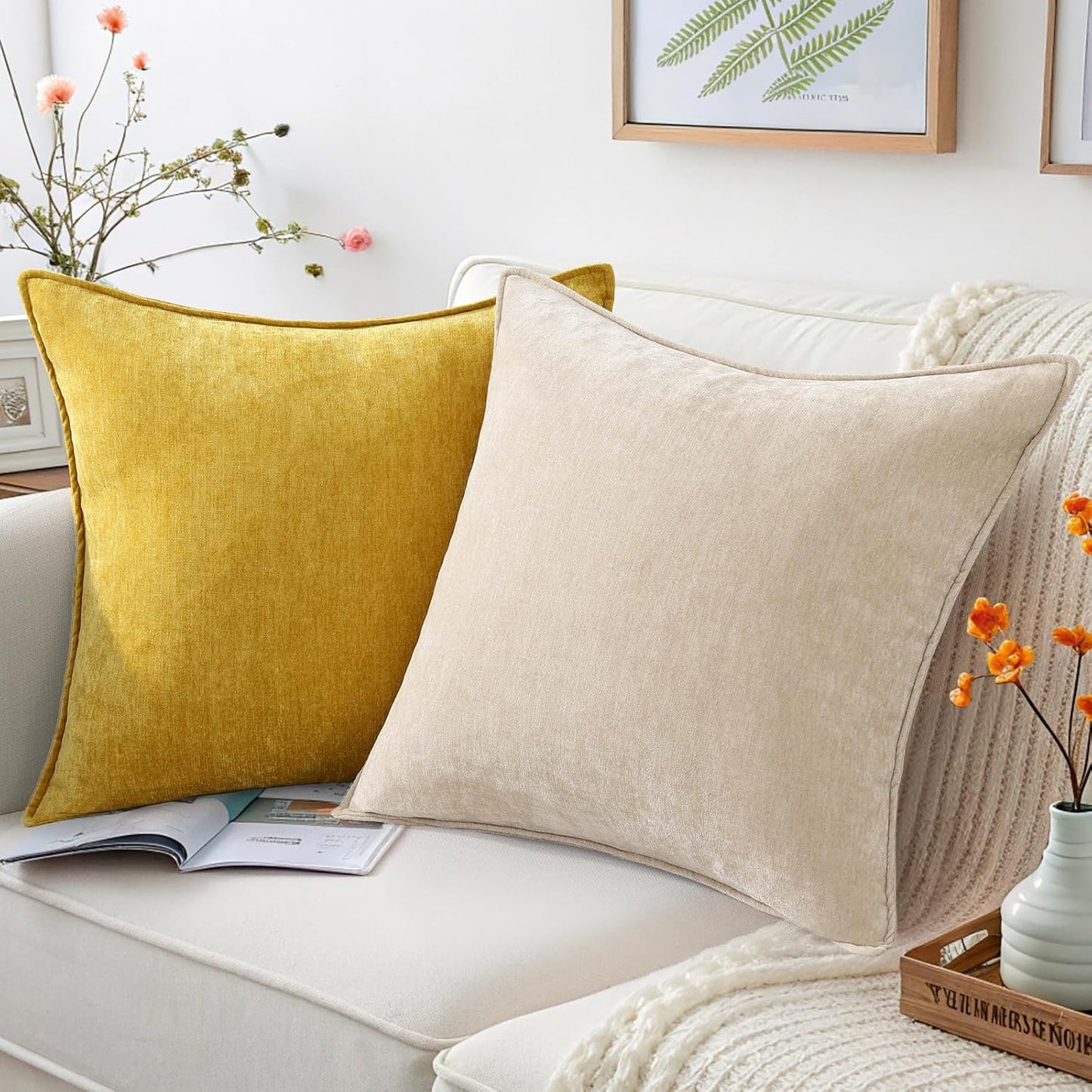 decorUhome Couch Throw Pillow Covers 24x24 Set of 2, Decorative Soft Euro Neutral Chenille Pillow Covers with Elegant Design for Sofa Bed Living Room Home Decor, Mineral Yellow