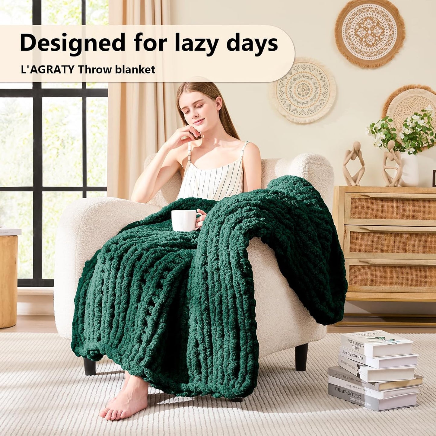 L'AGRATY Chunky Knit Blanket Throw - Soft Chunky Throw Blanket 40x50: 100% Hand Kintted Chenile Crochet Throw Blanket for Couch - Large Cable Knit Chunky Blanket for Home Decor(Olive Green)