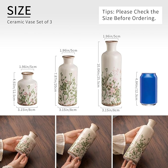 Set of 3 Ceramic Vase, Vintage Pink Floral Beige Vases, Rustic French Country Farmhouse Decorative Vases for Home Decor, Living Room, Mesa de Centro para Sala, Mantel, Kitchen,Table, Shelf Decor