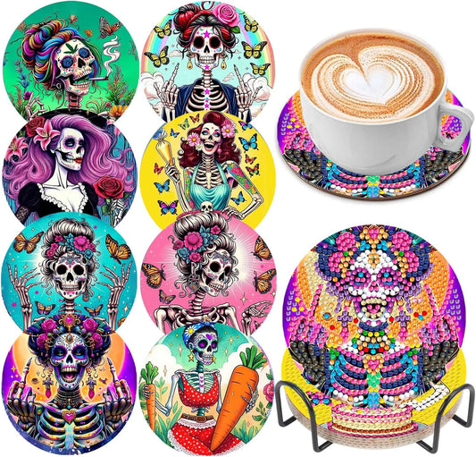 DOZEEZOP 8 PCS Skull Diamond Art Coasters Kit, Abstract 5D Diamond Painting Coasters with Holder, Fall Small Diamond Art Kits for Adults Beginners, Diamond Dots Arts and Crafts Supplies