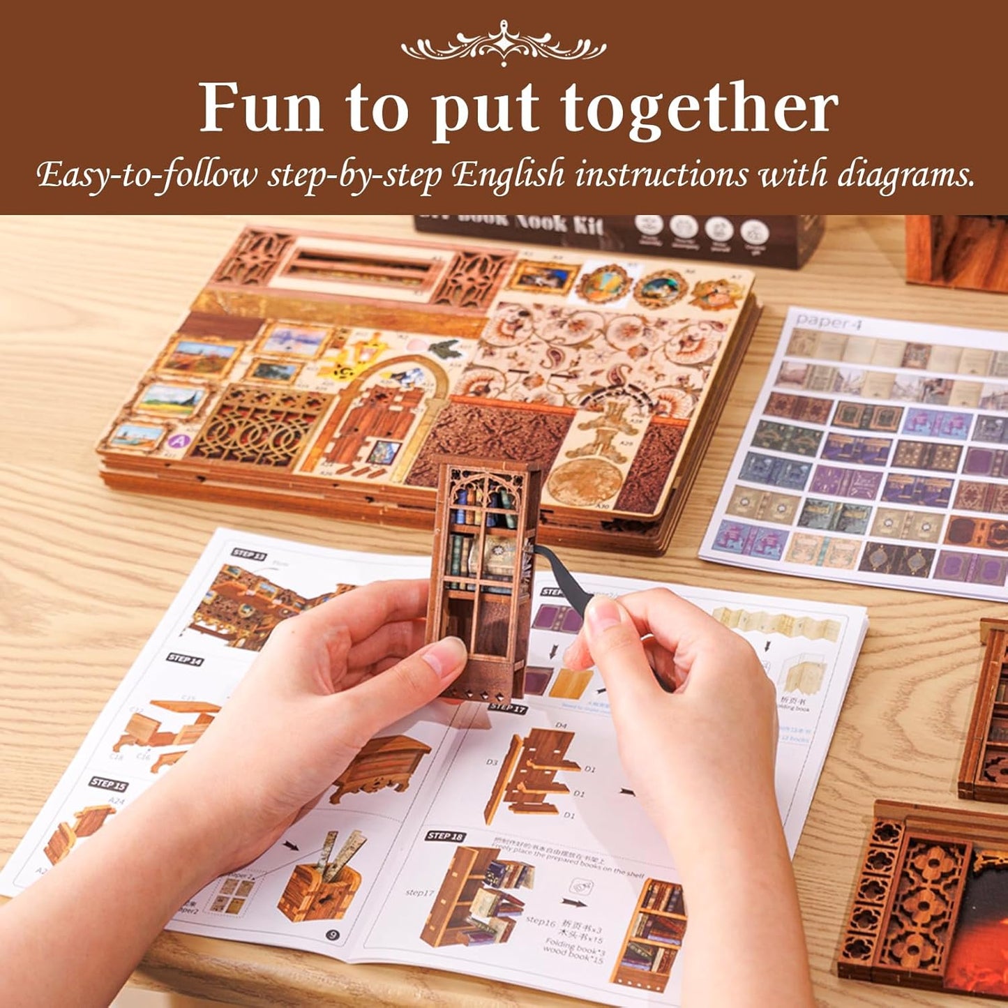 Cutefun Book Nook Library Kit, DIY Miniature Dollhouse Booknook Kits for Adults Teens, 3D Wooden Puzzle Bookend Bookshelf with LED Light & Dust Cover (Eternal Bookstore)