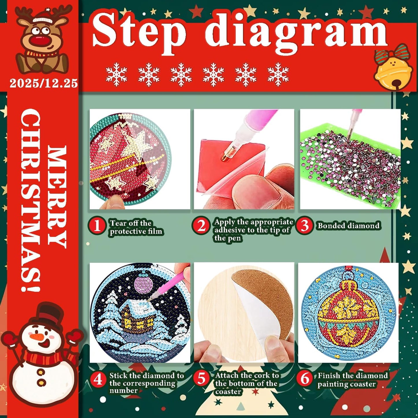 DOTSOPS 8 Pcs Diamond Art Kits for Adults Small Diamond Art Coasters with Holder,Diamond Art Painting Coasters for Adults Beginners Diamond Craft for Christmas Birthday (Christmas Ornaments)