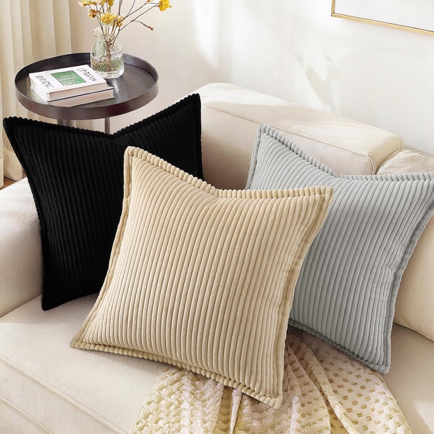 decorUhome Corduroy Black Throw Pillow Covers 16x16 Set of 2 Decorative Soft Boho Farmhouse Euro Couch Pillow Covers for Living Room Bed Sofa Broadside Striped Pillow Cases