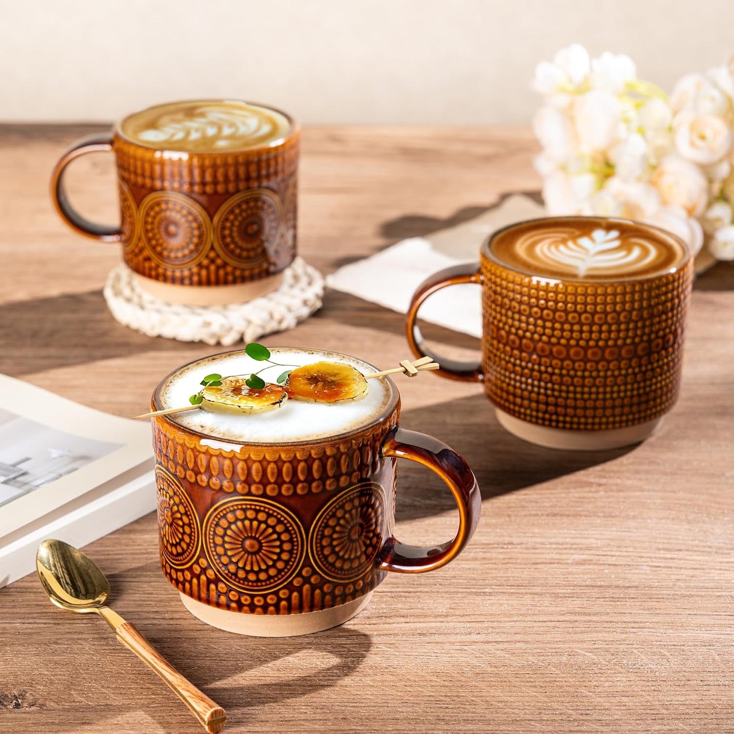GBHOME 12OZ Stackable Coffee Mugs, Ceramic Coffee Mugs with Texture Patterns for Man,Woman,Dad,Mom, Modern Coffee Mugs Set of 4 for Latte/Cappuccino/Cocoa. Dishwasher&Microwave Safe