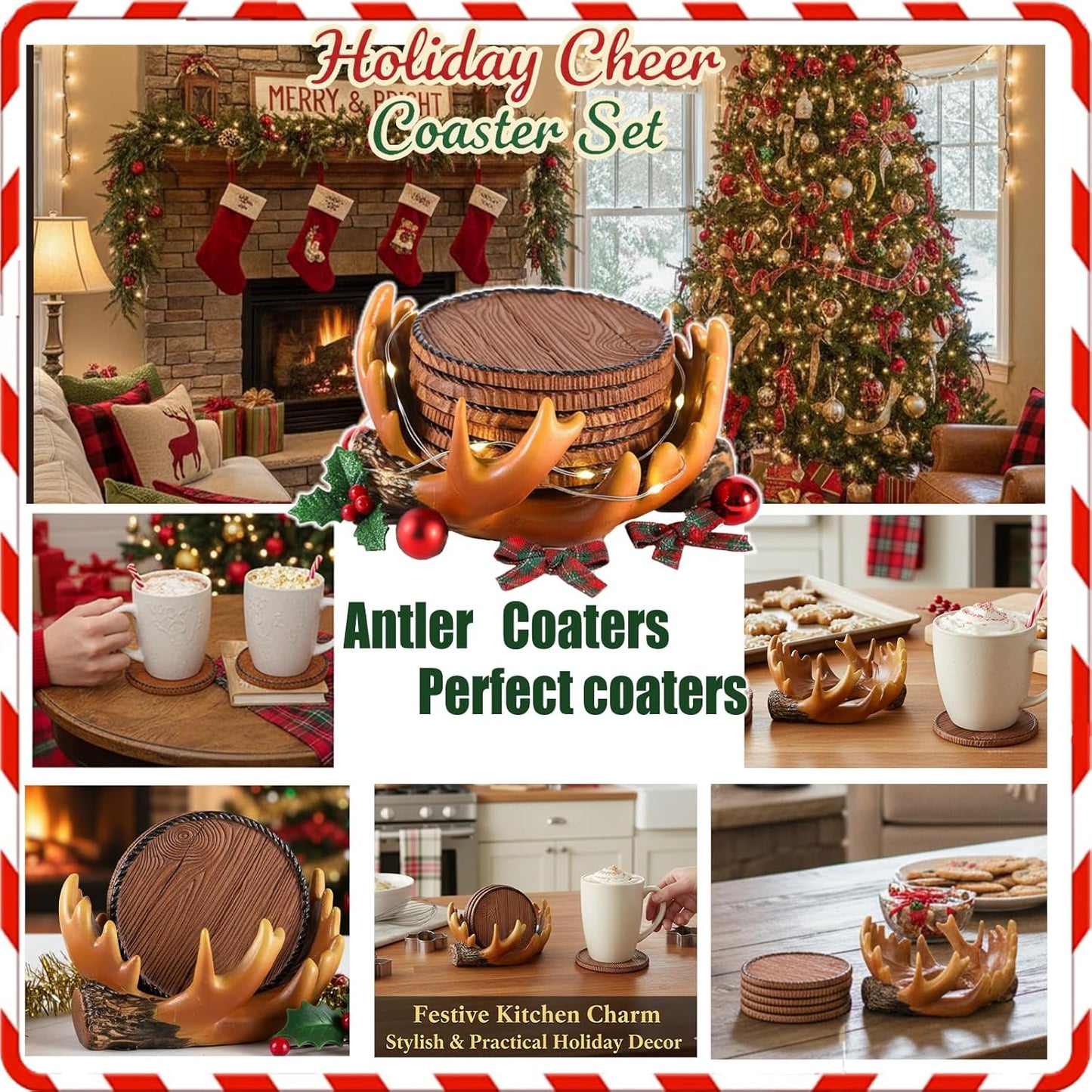 Deer Antler Coasters - 6 Full-Size Rustic Wooden Coasters | Non-Slip for Log Cabin, Hunting, Man Cave, Bar & Farmhouse Decor | Protect Furniture