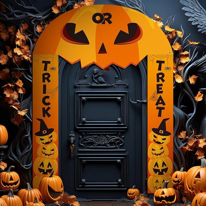 3 Pcs Halloween Cemetery Archway Halloween Cemetery Banners Gothic Outdoor Banners Sign Banner Decorations for Outdoor Party Supplies (Pumpkin)