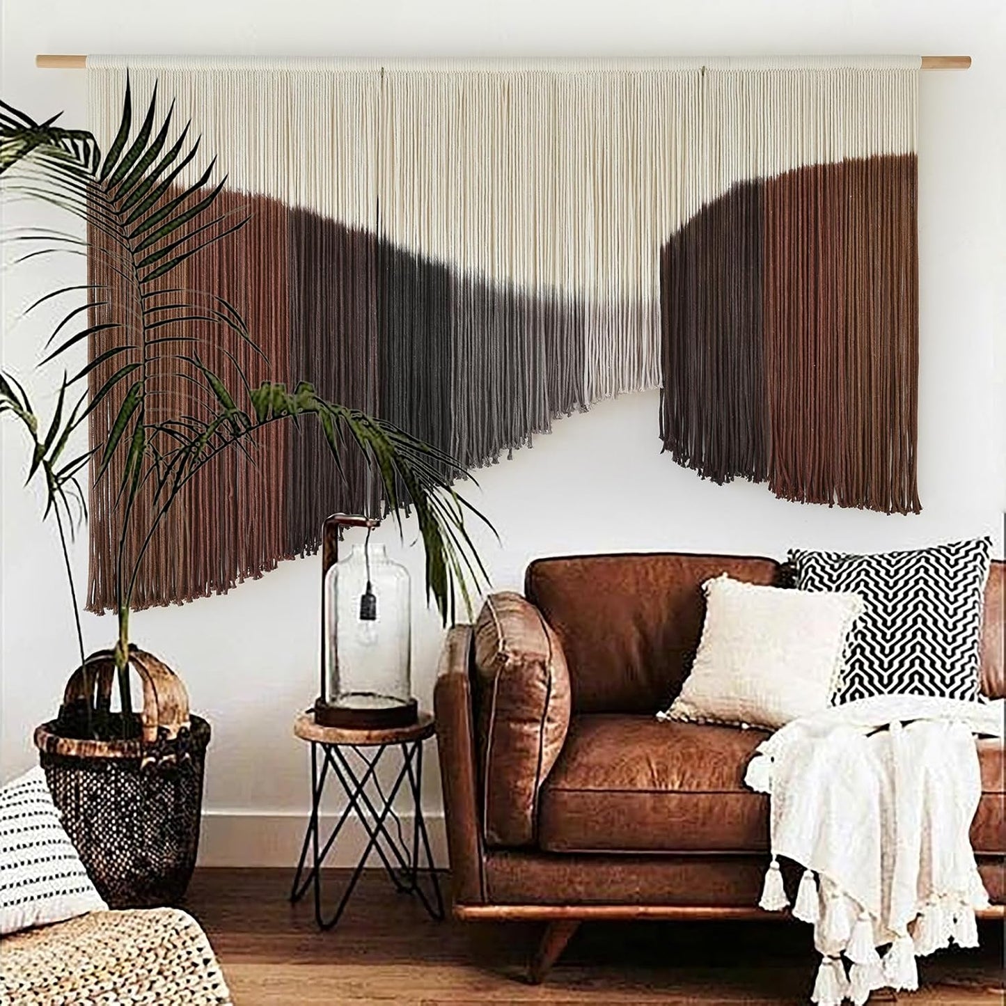 Jakalin Macrame Wall Hanging Geometric Dip Dyed Brown Red Dark Brown Boho Fiber Wall Decor for Living Room Art