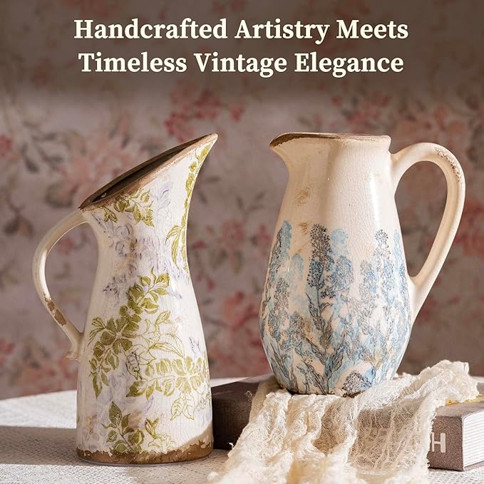 Vintage Ceramic Pitcher Vase with Handle, Farmhouse Green and Purple Large Floral Vases, French Country Decorative Vase, Rustic Table Centerpiece for Home Decor, Bookshelf, Office 10.5 Inch