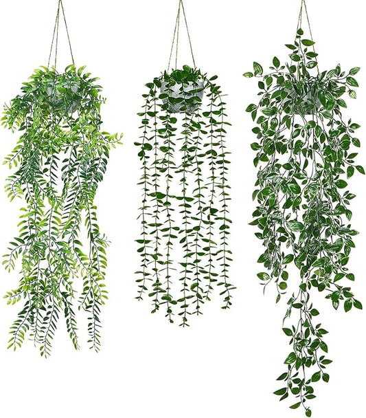 Dremisland Fake Hanging Plants with Pots 2Pack Faux Hanging Basket Plant Macrame Plant Hanger with Fake Vines Faux Hanging Planter for Wall Ceiling Home Bedroom Indoor Decor (Mix Plant-3PCS)