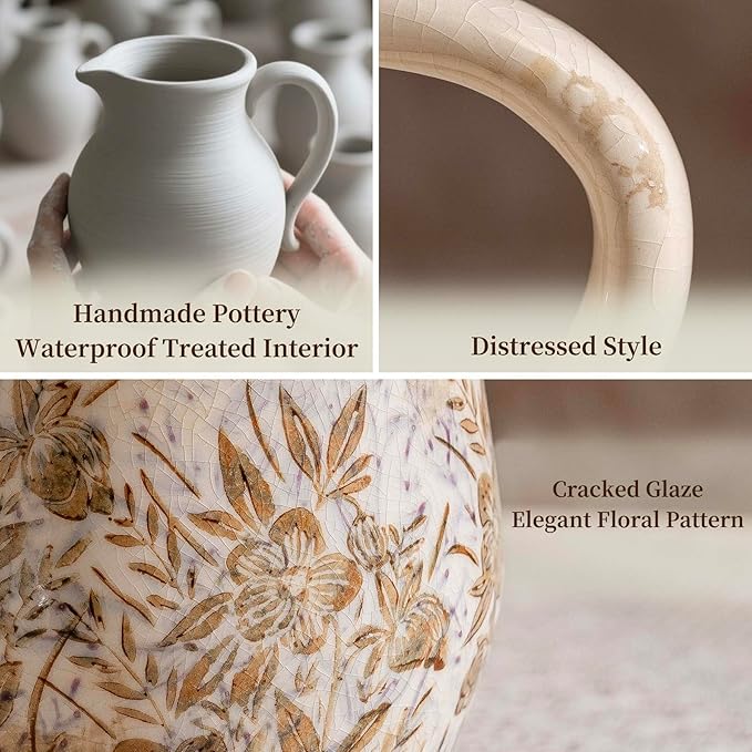 Purple and Borwn Floral Vintage Vase with Handle, French Country Floral Pitcher Vase, Rustic Ceramic Farmhouse Vases for Home Decor, Living Room, Bookshelf, Grand Millennial Tuscan Decor 8.7 in