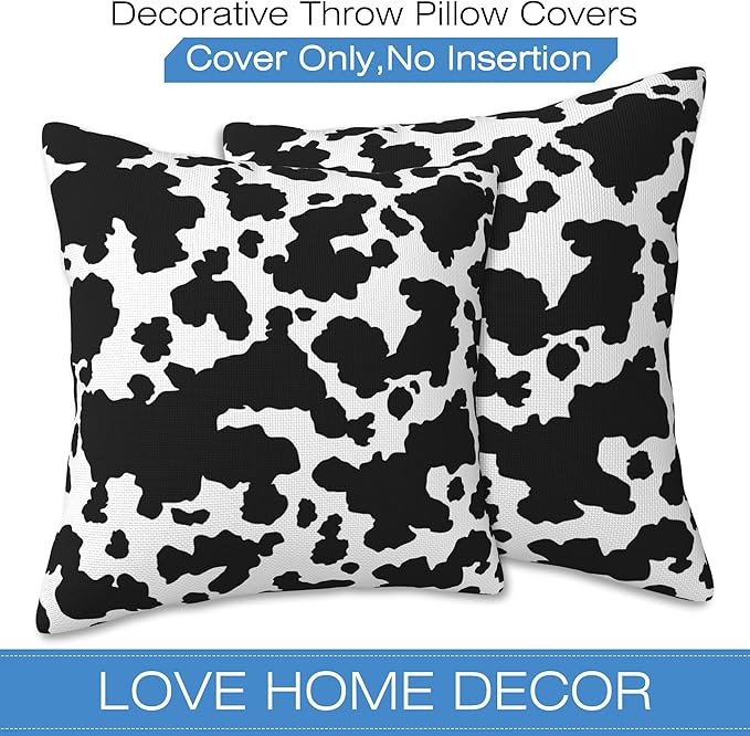 Cow Skin Throw Pillow Covers Set of 2 Black and White Spot Pillow Covers 16x16 Inch Modern Farmhouse Home Decorative Pillow Cases Cushion Cover for Sofa Living Room Office