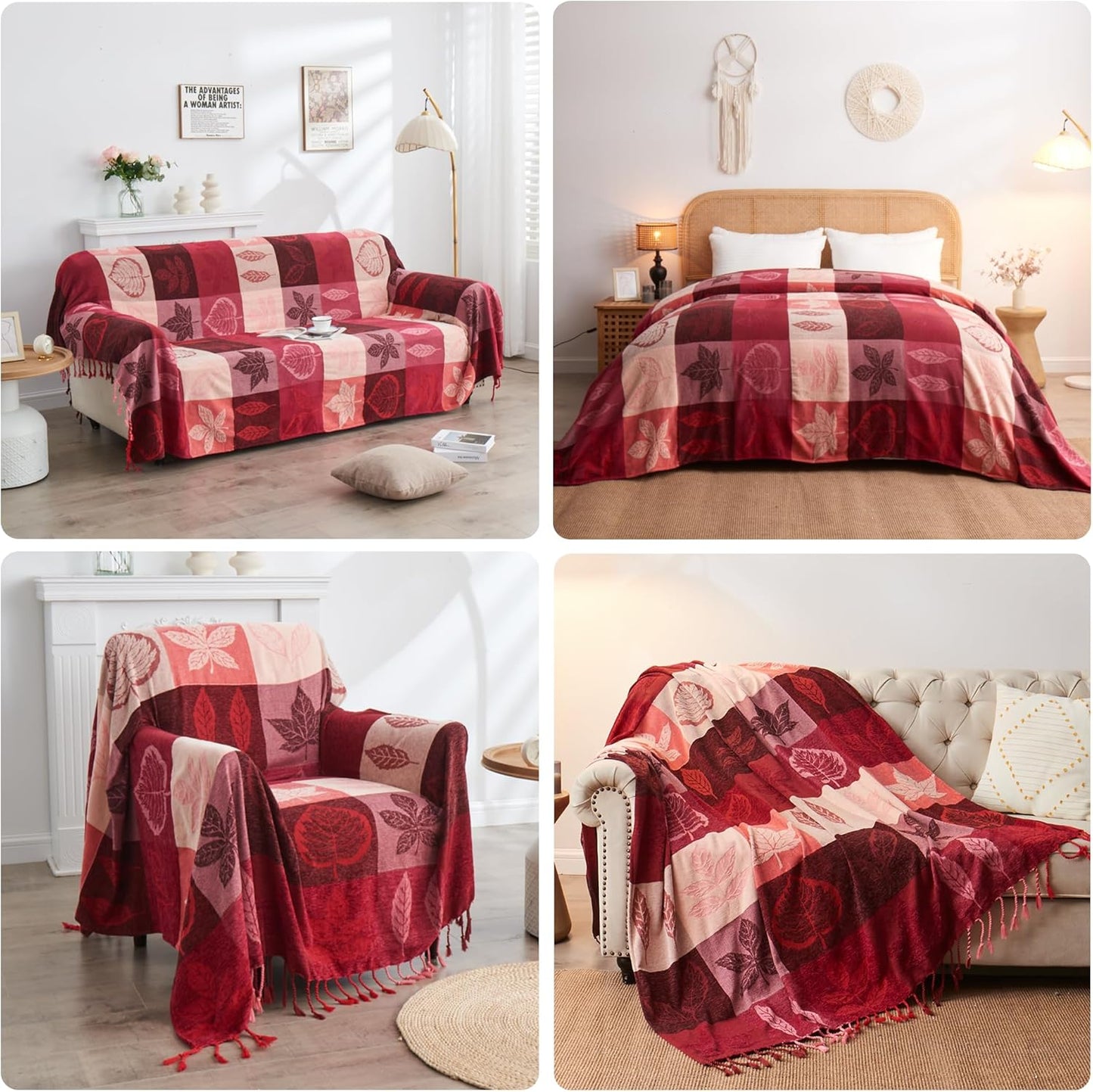 Bohemian Chenille Jacquard Tassel Throws - Reversible Red&Pink Maple Leaf Design for Boho Hippie Vibes - Oversized Blankets for Large Couch, Furniture, Sofa, Chair…