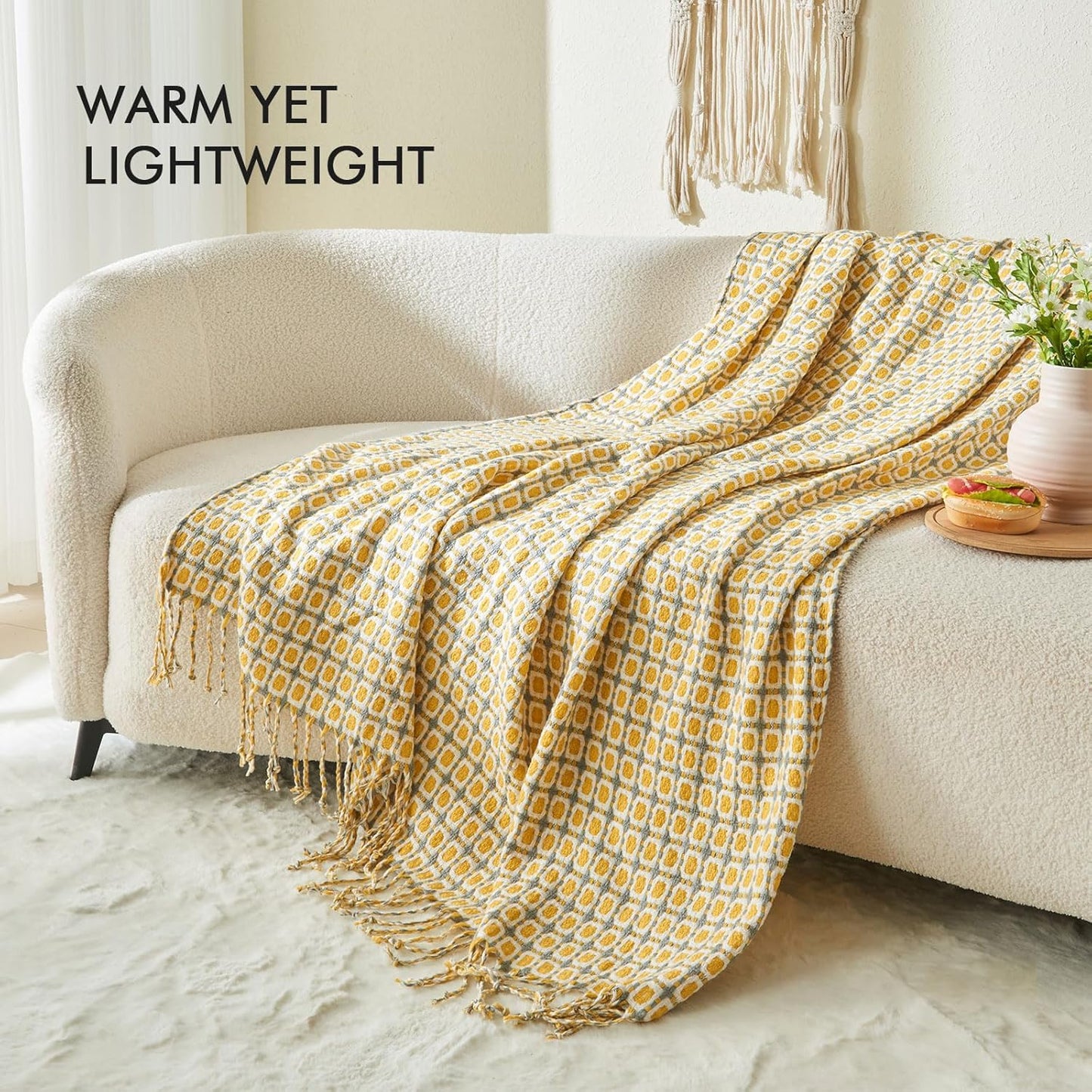 lifein Throw Blanket for Couch - Boho Throw Blanket, Knit Woven Blanket, Soft Decorative Blankets&Throws with Tassels for Bed,Sofa,Chair,Home Decor(50x60in,Yellow/Mustard)