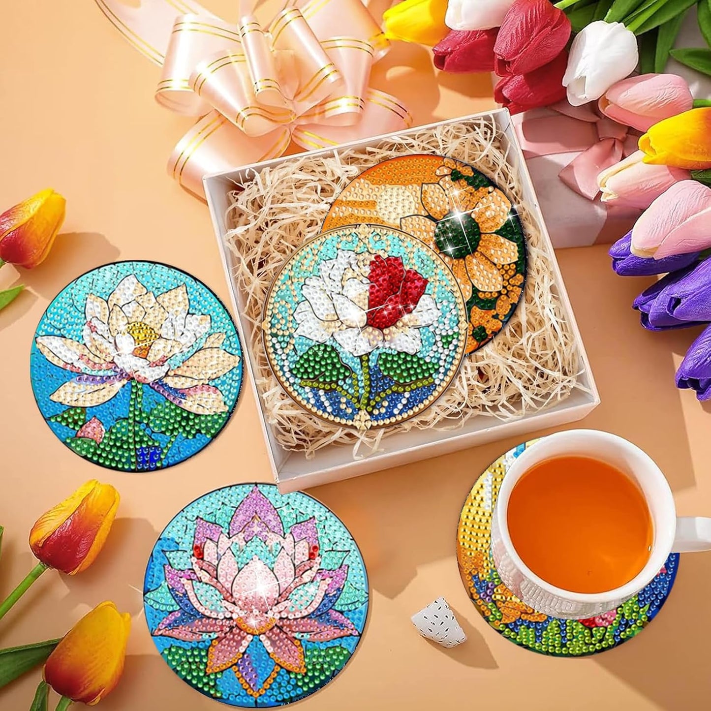 EWJRNSF 6 PCS Small Diamond Art Coasters Kits, Diamond Painting Coasters, Fall Diamond Art Kits for Adults Beginners, Arts and Crafts Item Sets with Holder for Drinks. Flowers