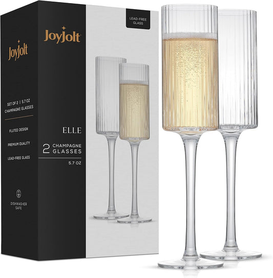 JoyJolt Elle 5.7oz Champagne Glasses, Fluted Glass Flute Set of 2, Vintage Style Unique Drinking Cocktail and Mimosa Glasses, Wedding Champagne Flutes