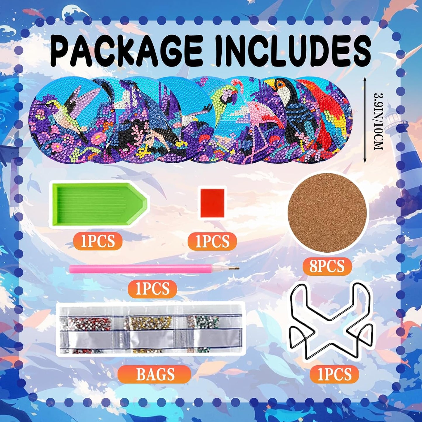 DOZEEZOP 8 PCS Animal Diamond Art Coasters Kit, Bird 5D Diamond Painting Coasters with Holder, Fall Small Diamond Art Kits for Adults Beginners, Diamond Dots Arts and Crafts Supplies