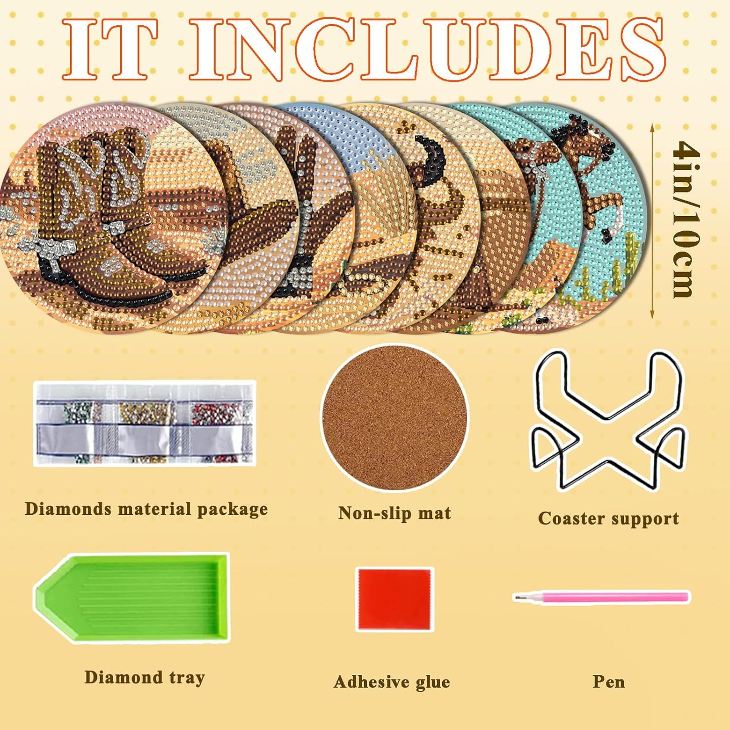 DOTSOPS 8pcs Diamond Painting Coaster with Holder 5D Diamond Art Kits for Adults Round Full Drill Beginners Gem Dots Craft Arts Supplies Party Home Decor Cowboy