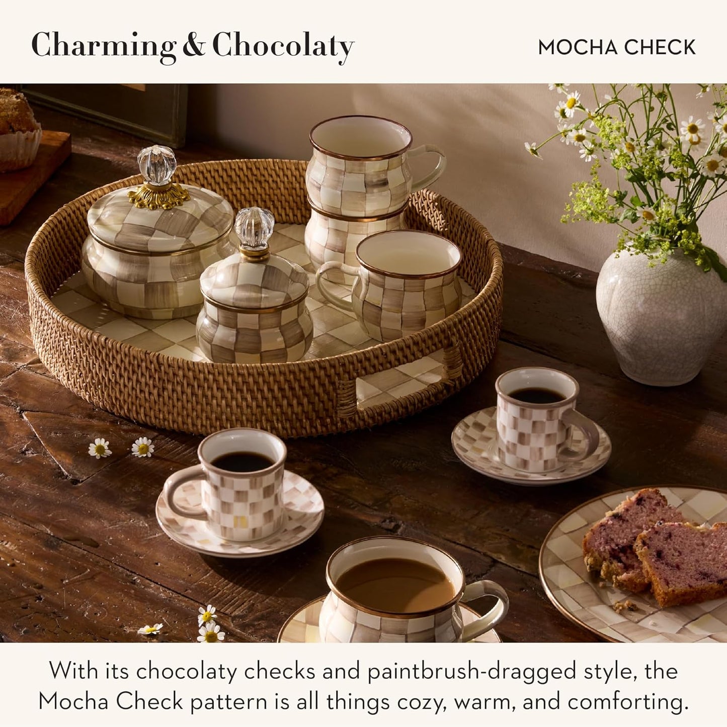 MACKENZIE-CHILDS Porcelain Mug, Tea and Coffee Mug, Brown-and-White Mocha Check