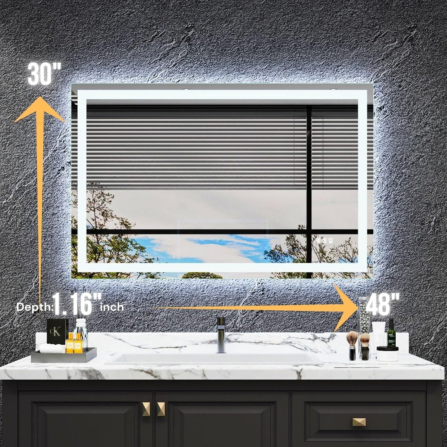 LED Bathroom Mirror 48"x 30", Front Lit and Backlit LED Mirror with Lights,Stepless Dimmable,Anti-Fog, Shatter-Proof, Memory, 3 Colors,LED Mirror for Bathroom .(Horizontal/Vertical)