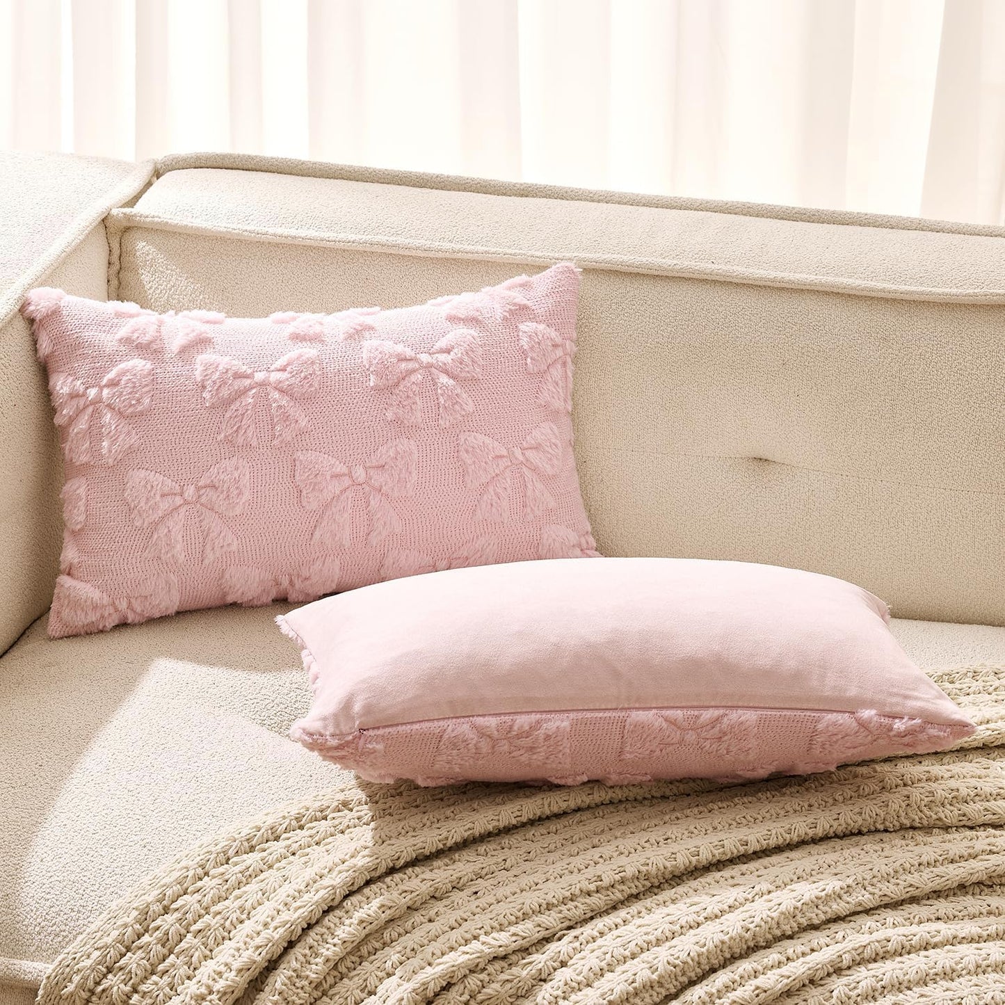MIULEE Light Pink Bow Pillow Covers Coquette Room Decor Aesthetic Set of 2 Decorative Cute Girl Christmas Throw Pillow Soft Plush Faux Pillowcase for Girl Bed Couch Sofa,12x20 Inch